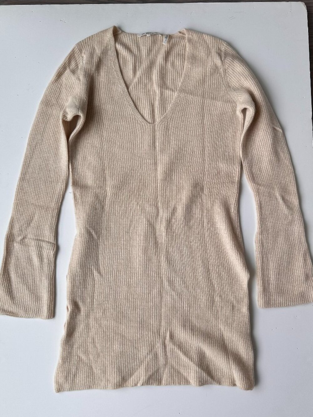 Helmut Lang Ivory Wool Cashmere Ribbed Knit V-Neck Tunic Sweater- Size Small